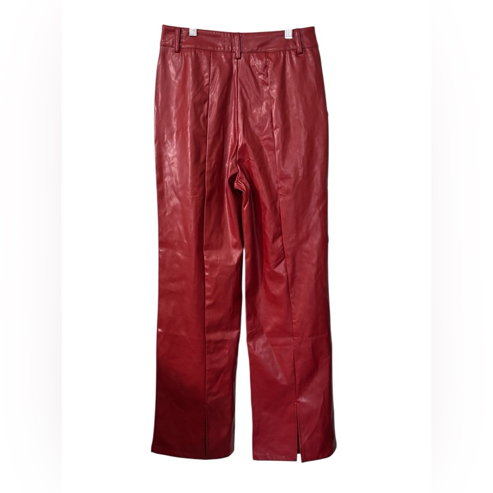 Faux Leather Wide Leg Pants Split Hem Red High Rise Trendy NWT Sz 6 - Picture 4 of 5